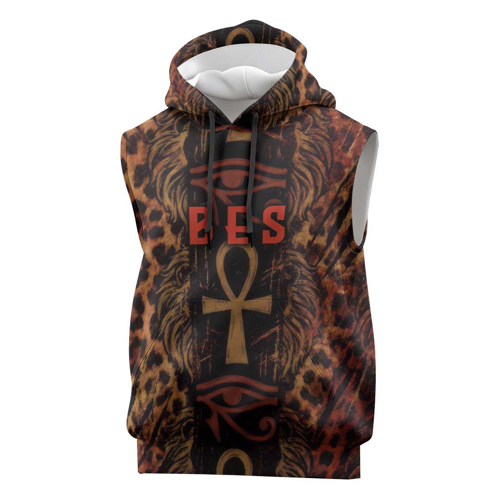 Bes Ancient Egyptian Sleeveless Hoodie with Leopard Print Ankh and Eye of Horus Egyptian Deity Tribute - African Pride
