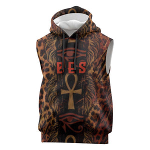 Bes Ancient Egyptian Sleeveless Hoodie with Leopard Print Ankh and Eye of Horus Egyptian Deity Tribute - African Pride