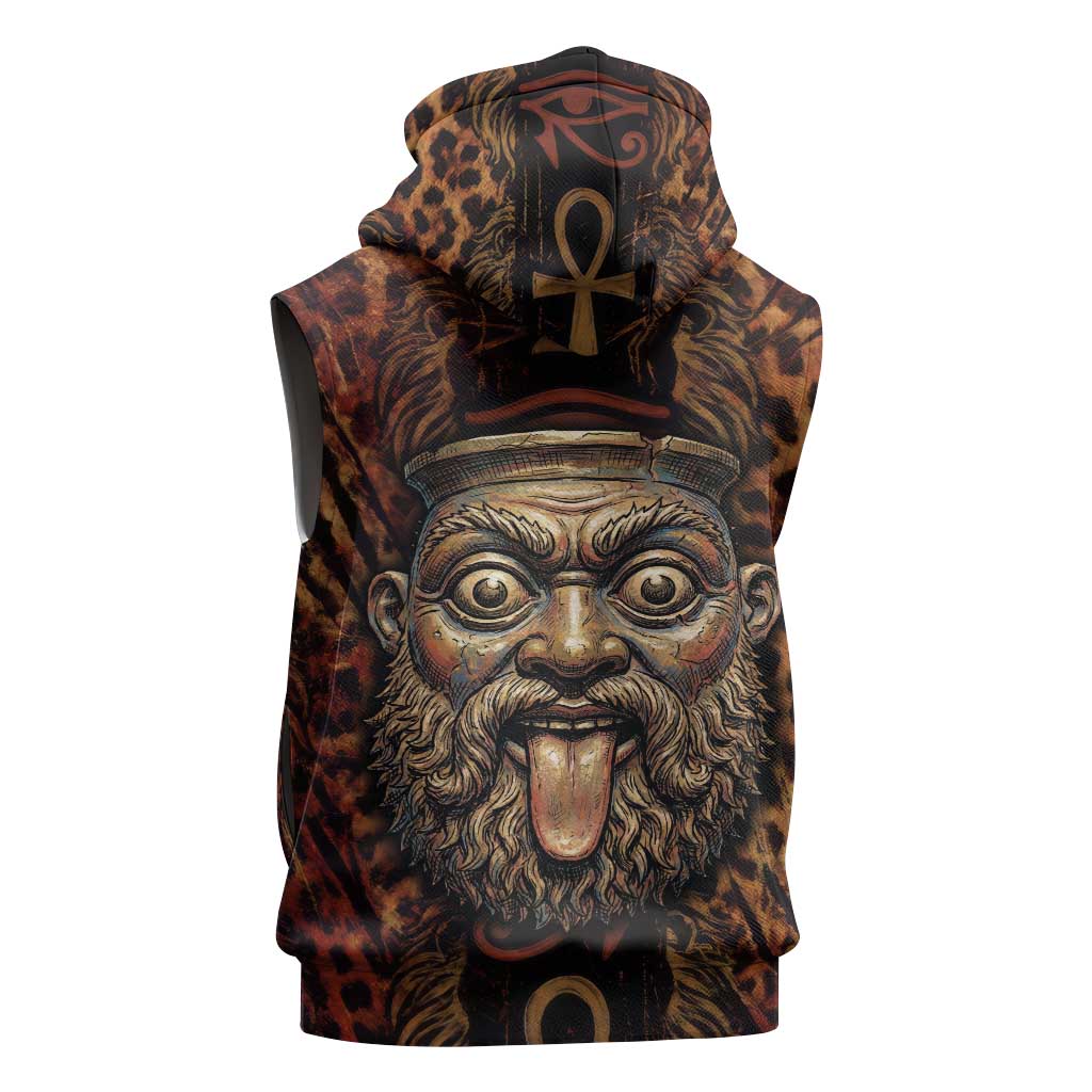 Bes Ancient Egyptian Sleeveless Hoodie with Leopard Print Ankh and Eye of Horus Egyptian Deity Tribute - African Pride