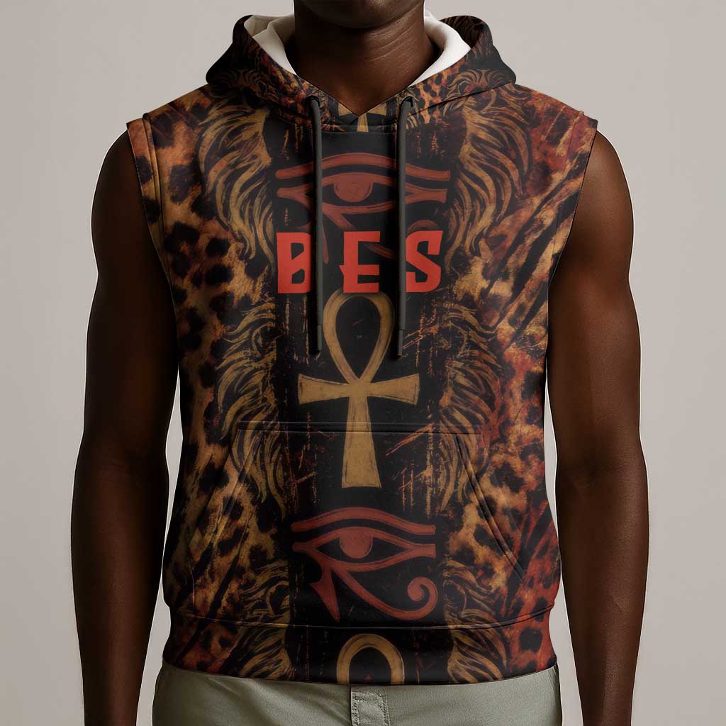 Bes Ancient Egyptian Sleeveless Hoodie with Leopard Print Ankh and Eye of Horus Egyptian Deity Tribute - African Pride