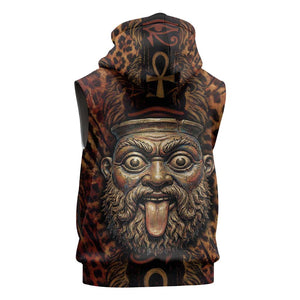 Bes Ancient Egyptian Sleeveless Zip Hoodie with Leopard Print Ankh and Eye of Horus Egyptian Deity Tribute - African Pride