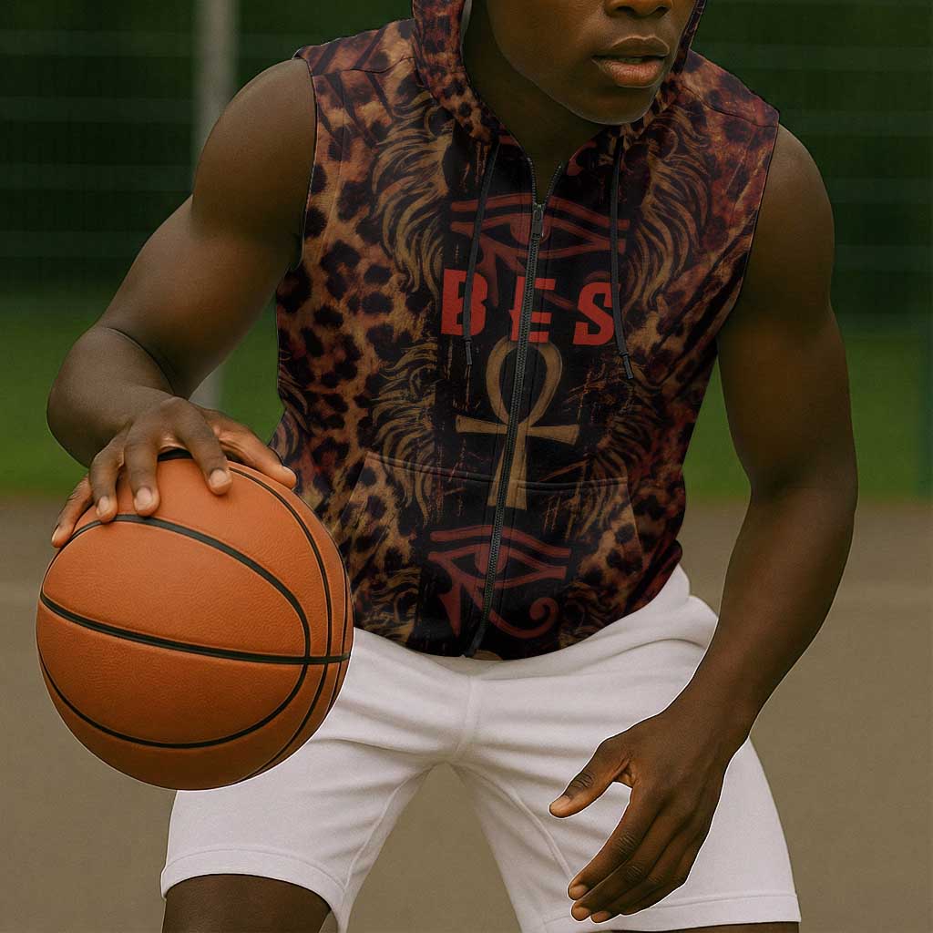 Bes Ancient Egyptian Sleeveless Zip Hoodie with Leopard Print Ankh and Eye of Horus Egyptian Deity Tribute - African Pride