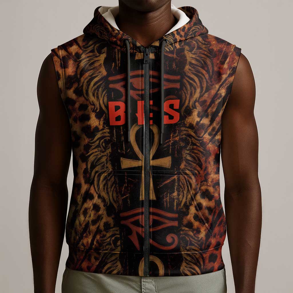 Bes Ancient Egyptian Sleeveless Zip Hoodie with Leopard Print Ankh and Eye of Horus Egyptian Deity Tribute - African Pride