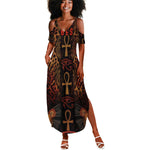 Bes Ancient Egyptian Summer Maxi Dress with Leopard Print Ankh and Eye of Horus Egyptian Deity Tribute - African Pride