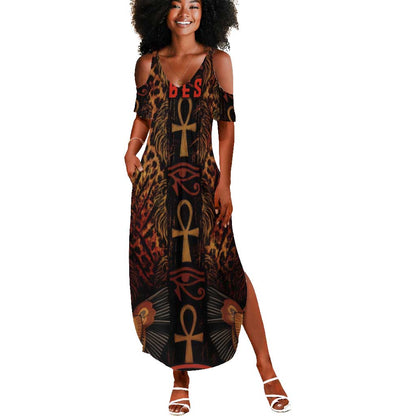 Bes Ancient Egyptian Summer Maxi Dress with Leopard Print Ankh and Eye of Horus Egyptian Deity Tribute - African Pride