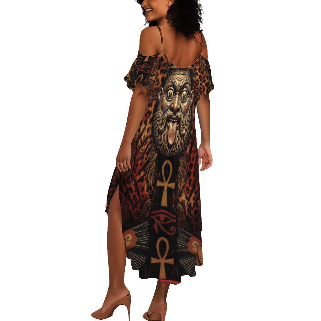Bes Ancient Egyptian Summer Maxi Dress with Leopard Print Ankh and Eye of Horus Egyptian Deity Tribute - African Pride