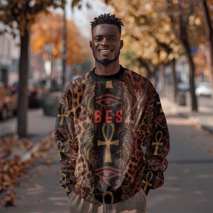 Bes Ancient Egyptian Sweatshirt with Leopard Print Ankh and Eye of Horus Egyptian Deity Tribute - African Pride