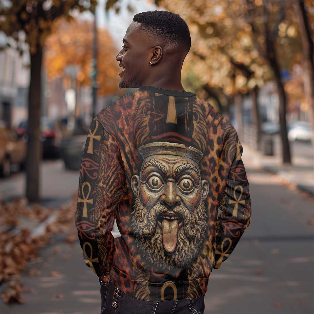 Bes Ancient Egyptian Sweatshirt with Leopard Print Ankh and Eye of Horus Egyptian Deity Tribute - African Pride