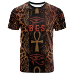 Bes Ancient Egyptian T shirt with Leopard Print Ankh and Eye of Horus Egyptian Deity Tribute - African Pride