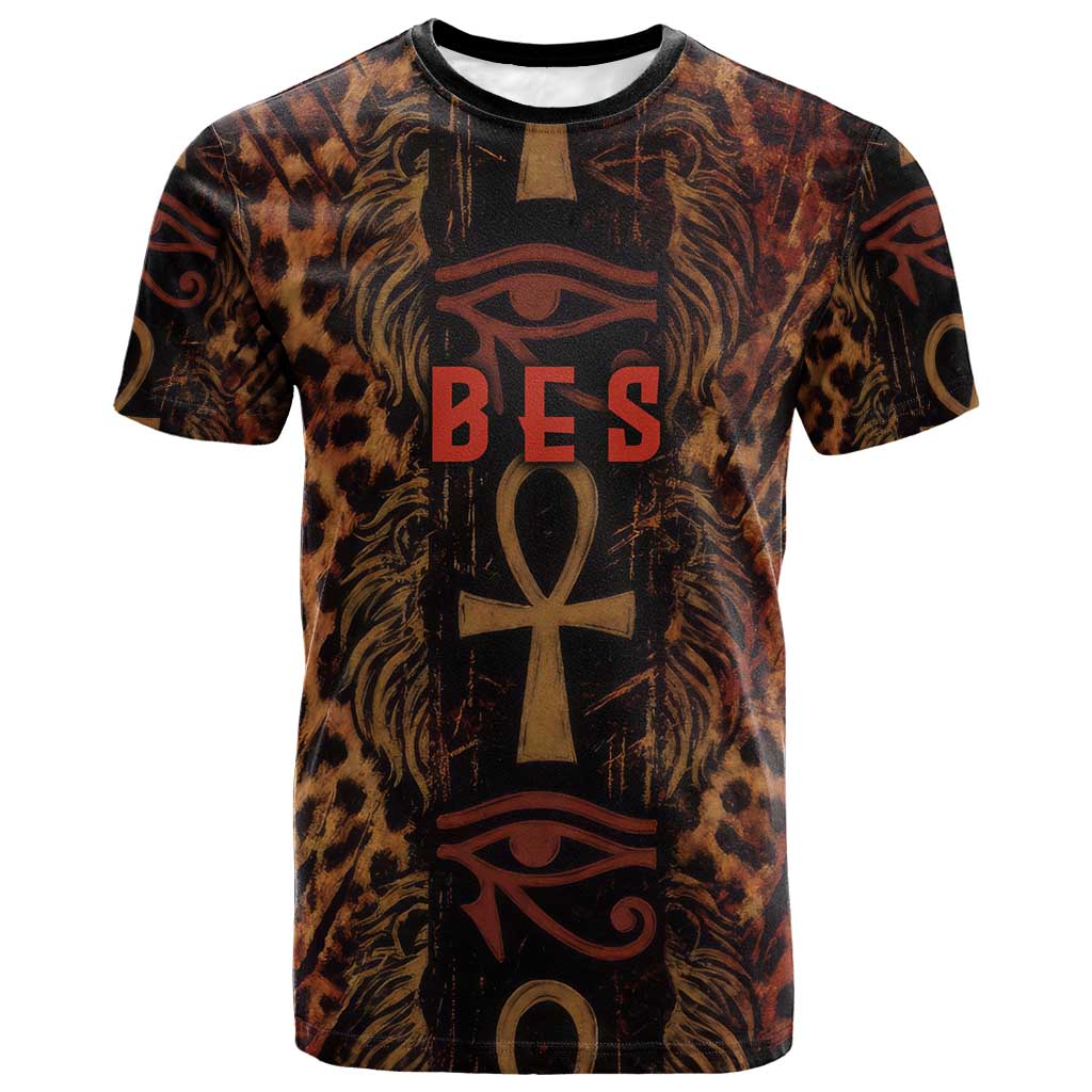 Bes Ancient Egyptian T shirt with Leopard Print Ankh and Eye of Horus Egyptian Deity Tribute - African Pride