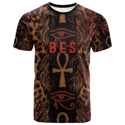 Bes Ancient Egyptian T shirt with Leopard Print Ankh and Eye of Horus Egyptian Deity Tribute - African Pride