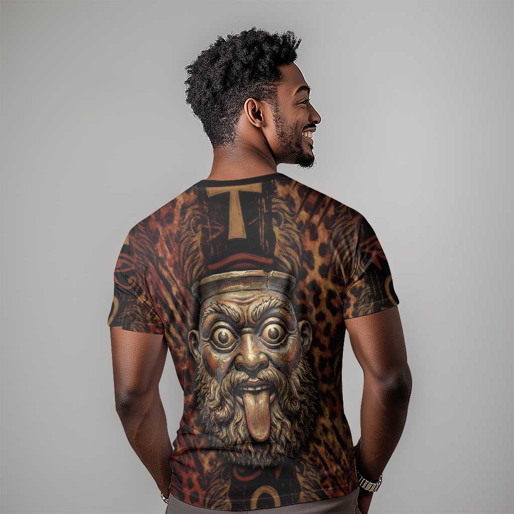 Bes Ancient Egyptian T shirt with Leopard Print Ankh and Eye of Horus Egyptian Deity Tribute - African Pride