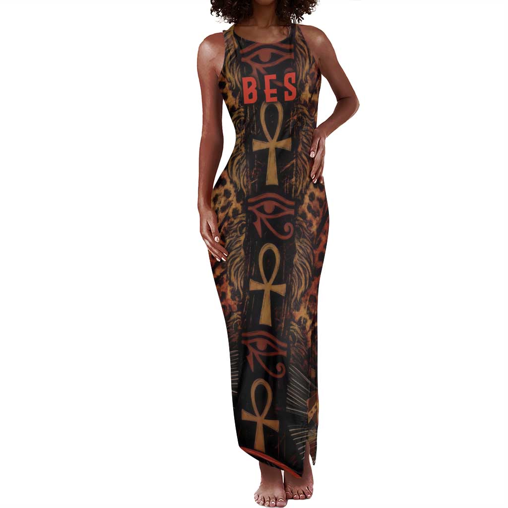 Bes Ancient Egyptian Tank Maxi Dress with Leopard Print Ankh and Eye of Horus Egyptian Deity Tribute - African Pride