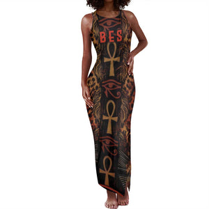Bes Ancient Egyptian Tank Maxi Dress with Leopard Print Ankh and Eye of Horus Egyptian Deity Tribute - African Pride