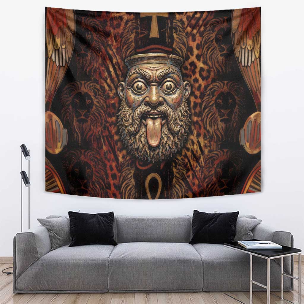 Bes Ancient Egyptian Tapestry with Leopard Print Ankh and Eye of Horus Egyptian Deity Tribute - African Pride