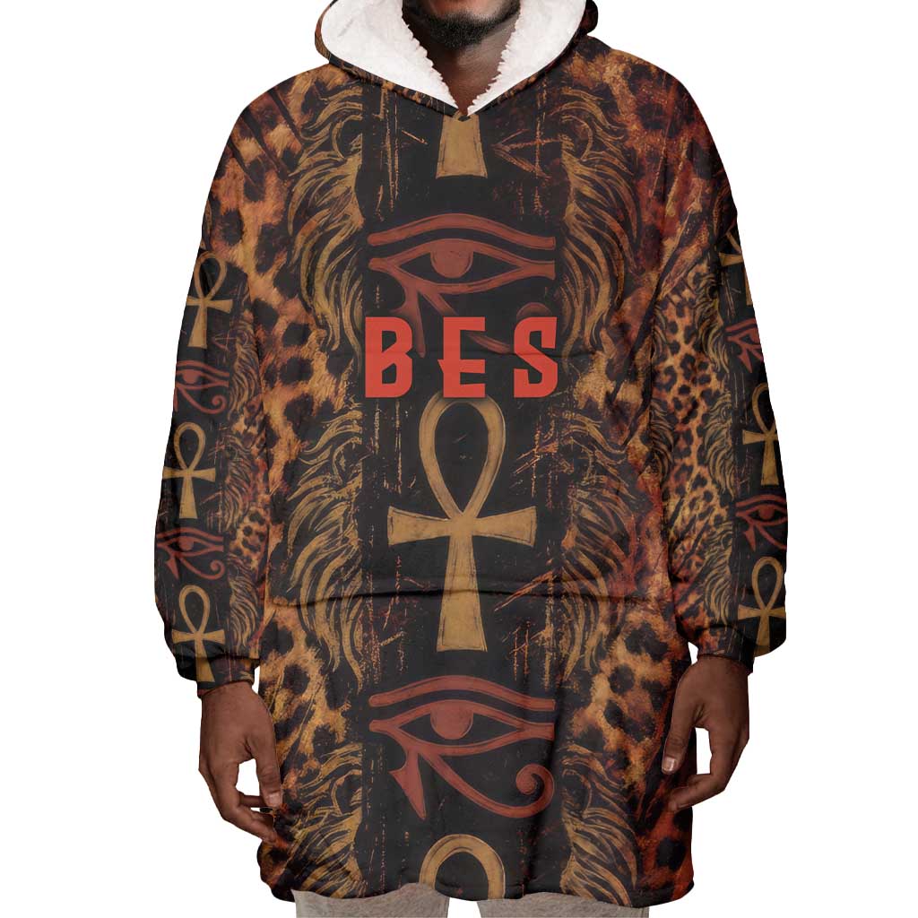 Bes Ancient Egyptian Wearable Blanket Hoodie with Leopard Print Ankh and Eye of Horus Egyptian Deity Tribute - African Pride
