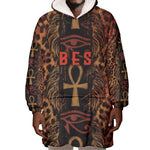 Bes Ancient Egyptian Wearable Blanket Hoodie with Leopard Print Ankh and Eye of Horus Egyptian Deity Tribute - African Pride
