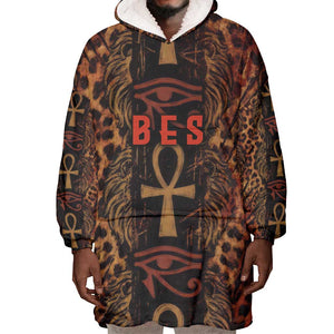 Bes Ancient Egyptian Wearable Blanket Hoodie with Leopard Print Ankh and Eye of Horus Egyptian Deity Tribute - African Pride