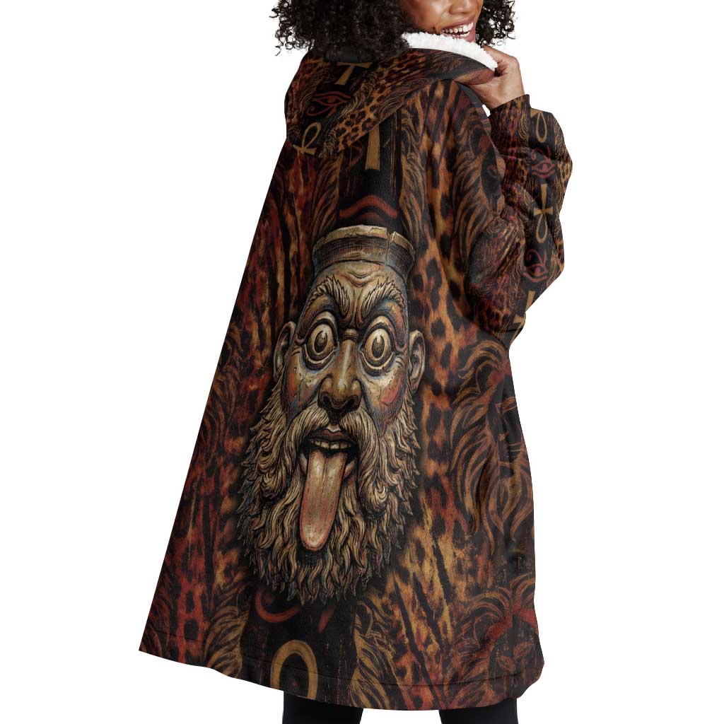 Bes Ancient Egyptian Wearable Blanket Hoodie with Leopard Print Ankh and Eye of Horus Egyptian Deity Tribute - African Pride