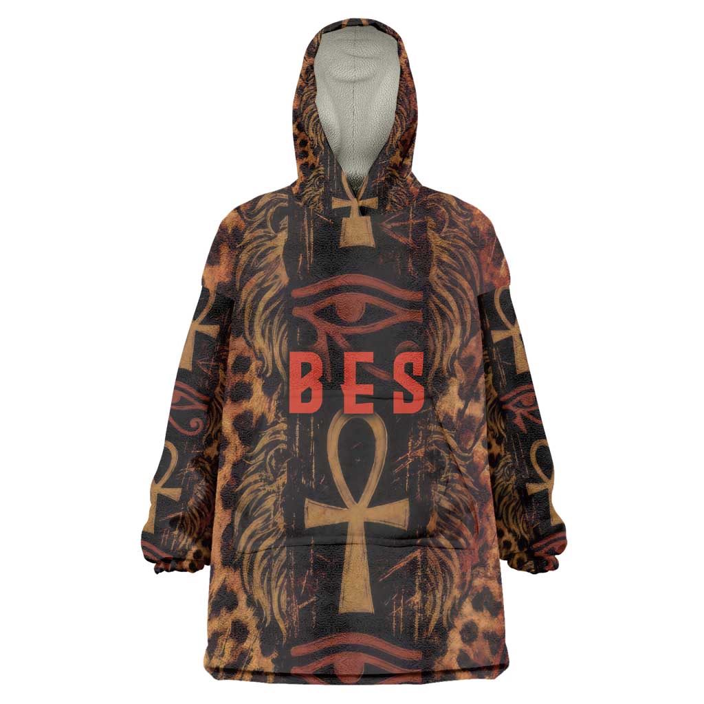 Bes Ancient Egyptian Wearable Blanket Hoodie with Leopard Print Ankh and Eye of Horus Egyptian Deity Tribute - African Pride