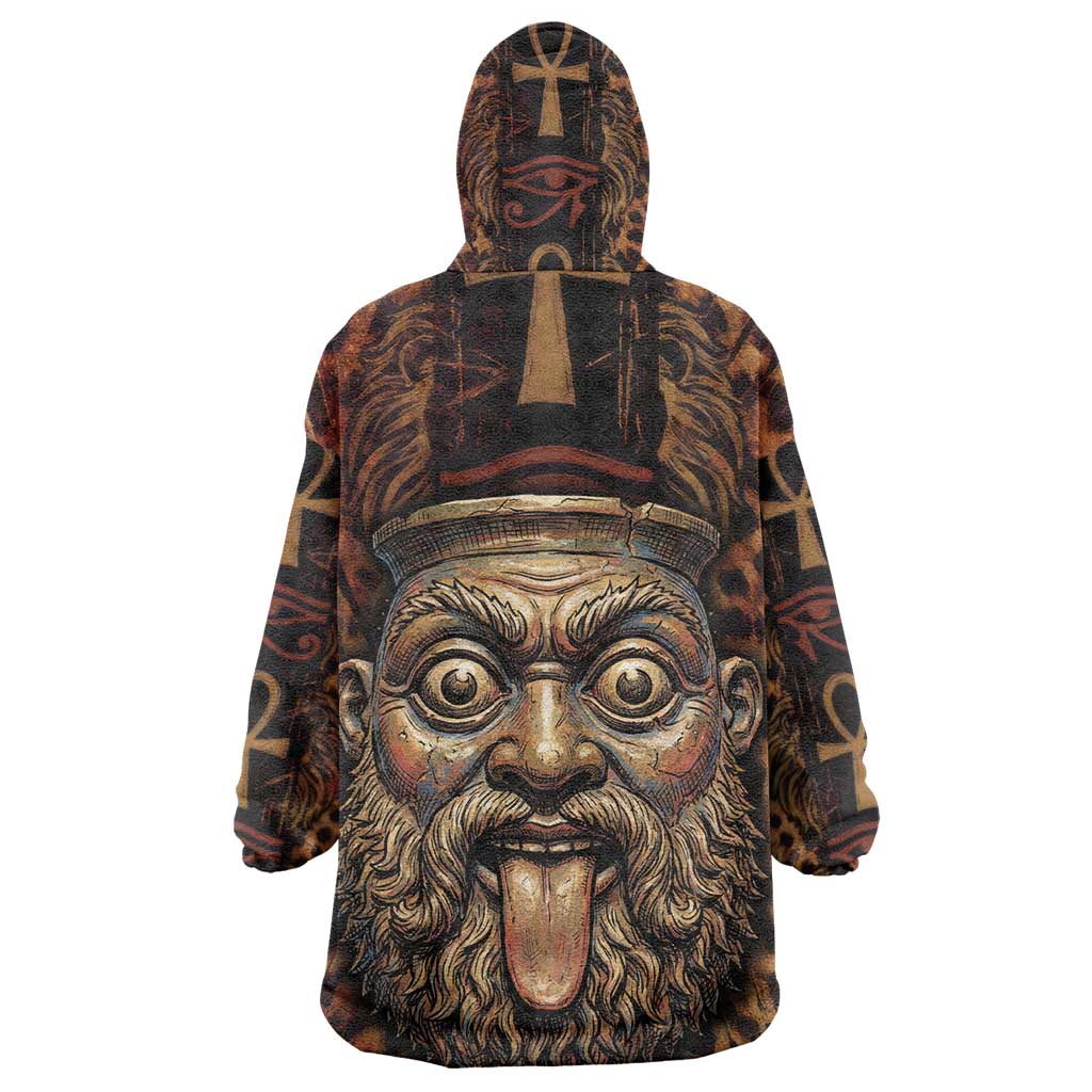 Bes Ancient Egyptian Wearable Blanket Hoodie with Leopard Print Ankh and Eye of Horus Egyptian Deity Tribute - African Pride