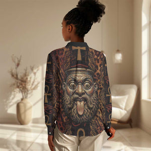 Bes Ancient Egyptian Women Casual Shirt with Leopard Print Ankh and Eye of Horus Egyptian Deity Tribute - African Pride