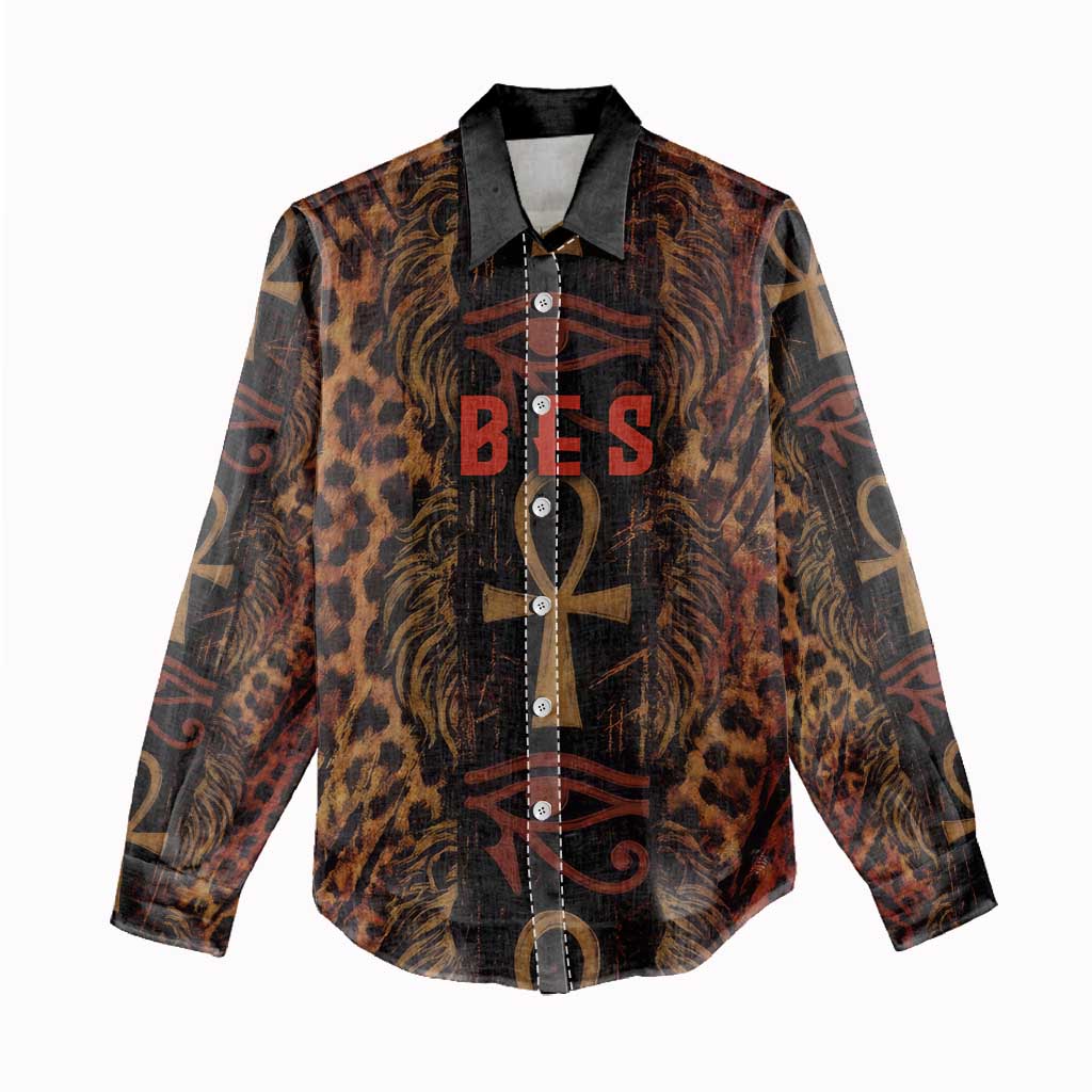 Bes Ancient Egyptian Women Casual Shirt with Leopard Print Ankh and Eye of Horus Egyptian Deity Tribute - African Pride