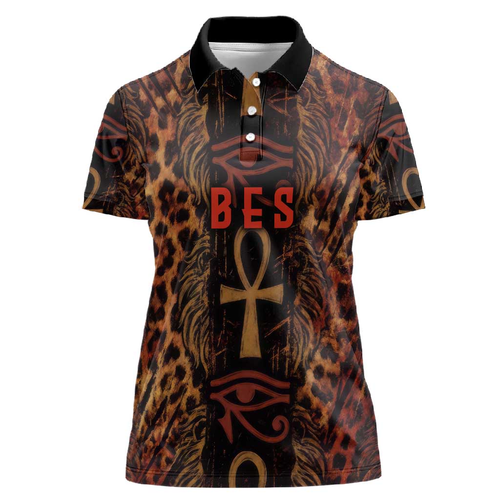 Bes Ancient Egyptian Women Polo Shirt with Leopard Print Ankh and Eye of Horus Egyptian Deity Tribute - African Pride