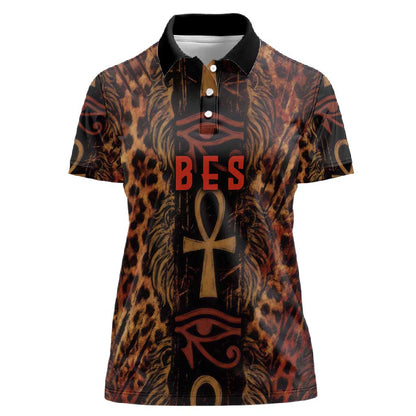 Bes Ancient Egyptian Women Polo Shirt with Leopard Print Ankh and Eye of Horus Egyptian Deity Tribute - African Pride