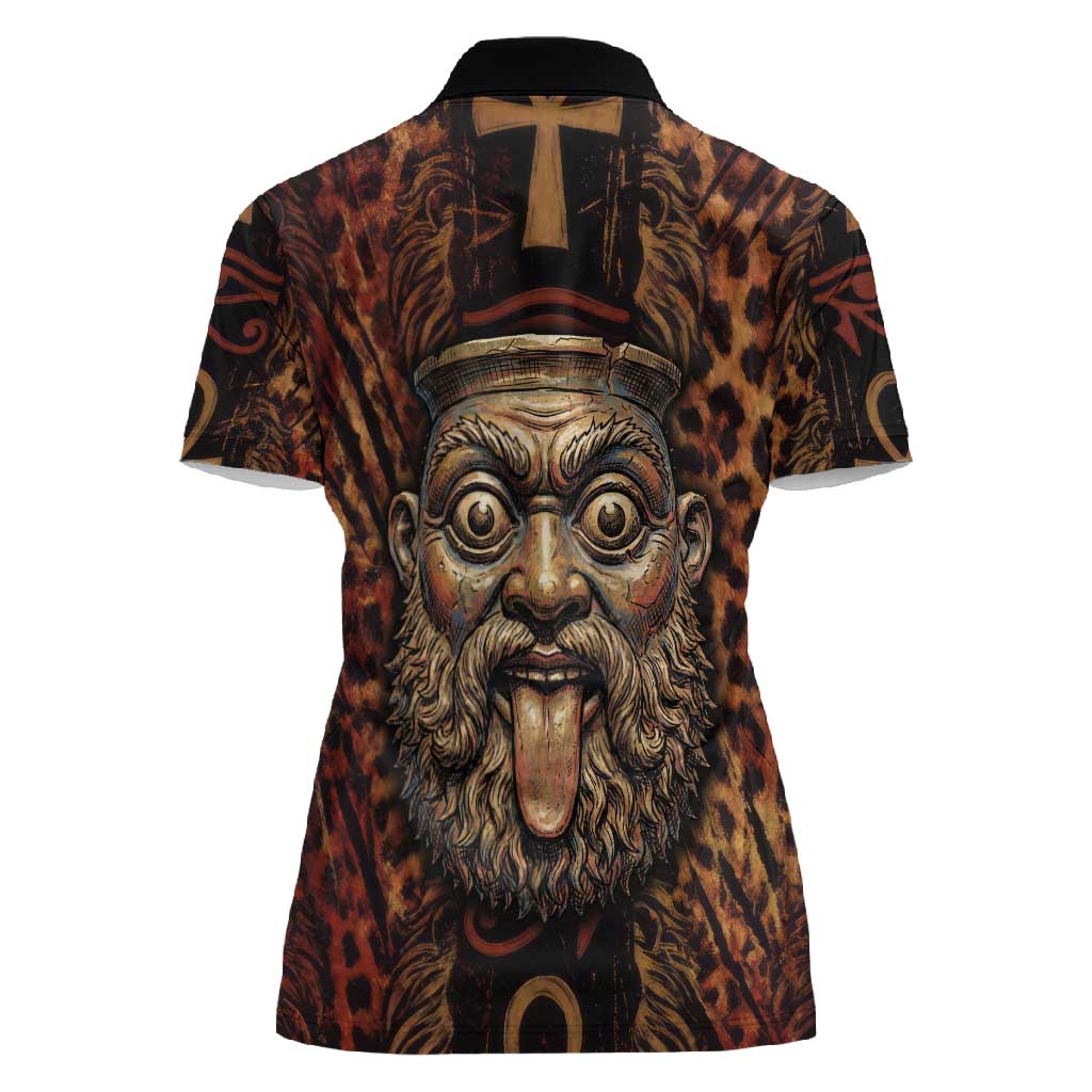 Bes Ancient Egyptian Women Polo Shirt with Leopard Print Ankh and Eye of Horus Egyptian Deity Tribute - African Pride