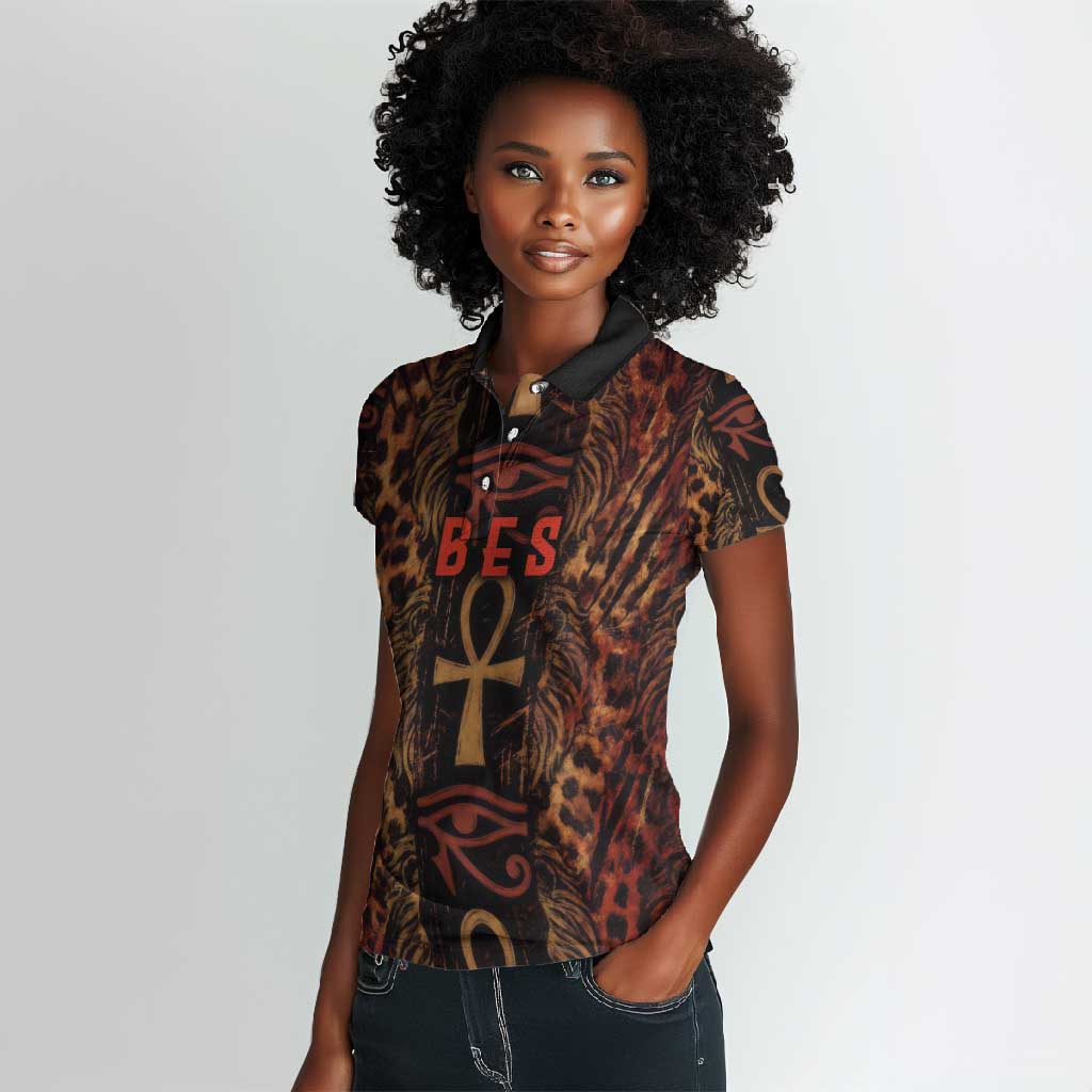 Bes Ancient Egyptian Women Polo Shirt with Leopard Print Ankh and Eye of Horus Egyptian Deity Tribute - African Pride