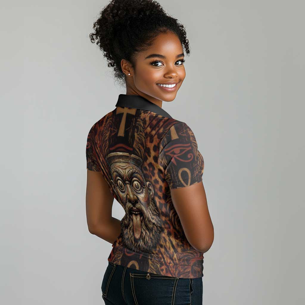 Bes Ancient Egyptian Women Polo Shirt with Leopard Print Ankh and Eye of Horus Egyptian Deity Tribute - African Pride
