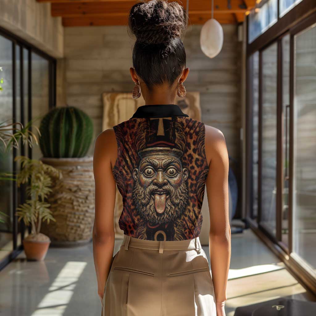 Bes Ancient Egyptian Women Sleeveless Polo Shirt with Leopard Print Ankh and Eye of Horus Egyptian Deity Tribute - African Pride