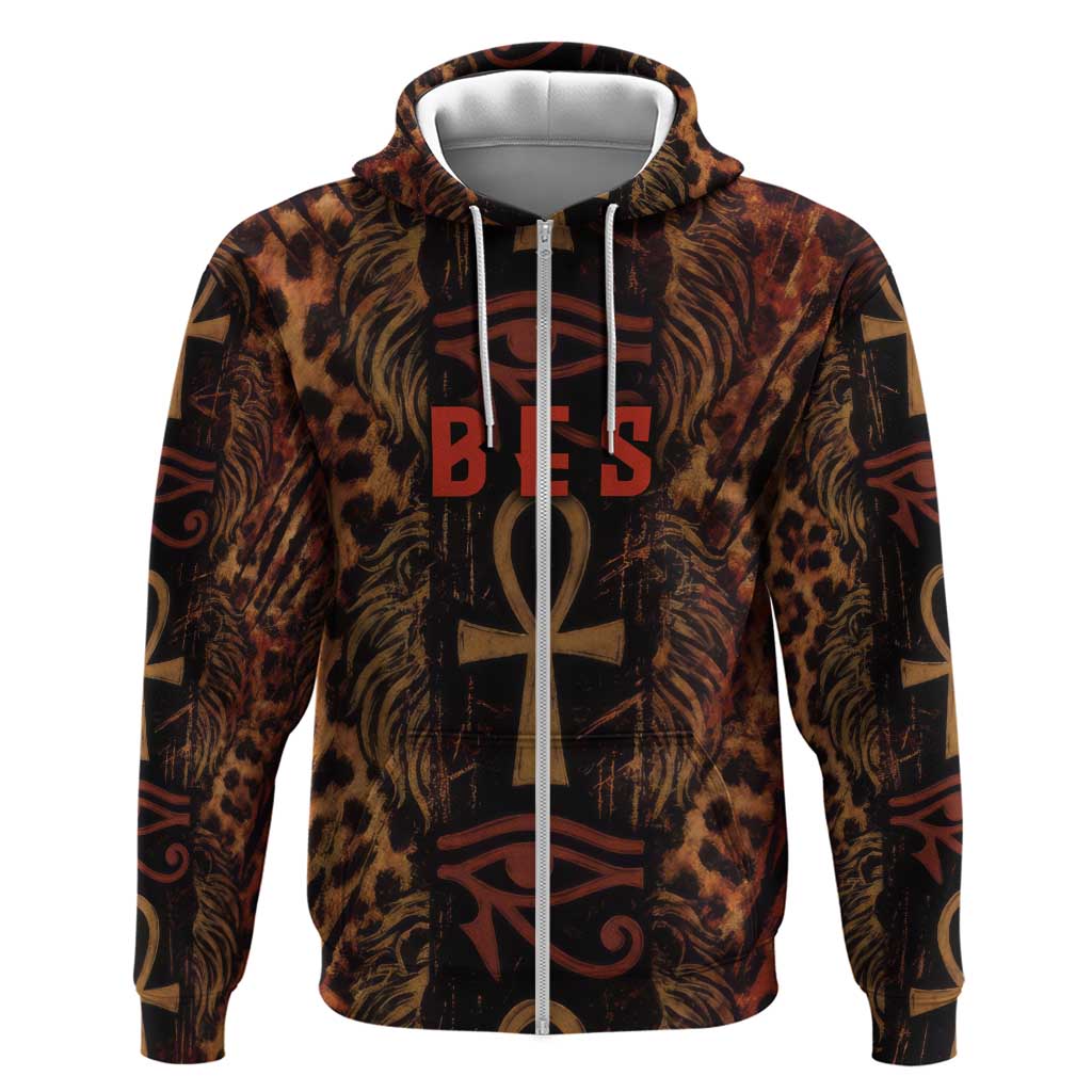 Bes Ancient Egyptian Zip Hoodie with Leopard Print Ankh and Eye of Horus Egyptian Deity Tribute - African Pride