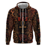 Bes Ancient Egyptian Zip Hoodie with Leopard Print Ankh and Eye of Horus Egyptian Deity Tribute - African Pride