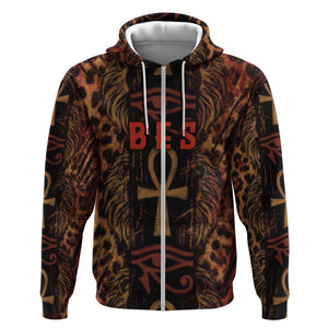 Bes Ancient Egyptian Zip Hoodie with Leopard Print Ankh and Eye of Horus Egyptian Deity Tribute - African Pride