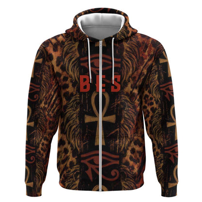 Bes Ancient Egyptian Zip Hoodie with Leopard Print Ankh and Eye of Horus Egyptian Deity Tribute - African Pride