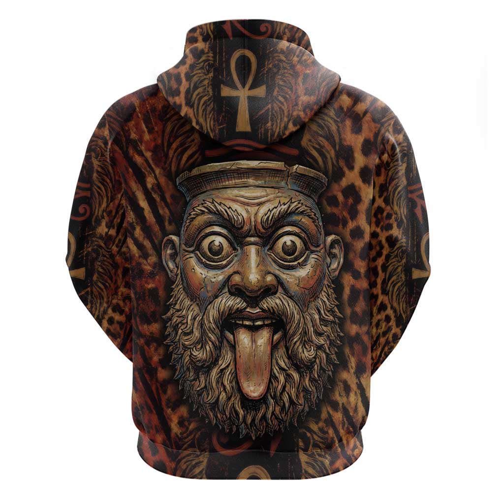 Bes Ancient Egyptian Zip Hoodie with Leopard Print Ankh and Eye of Horus Egyptian Deity Tribute - African Pride