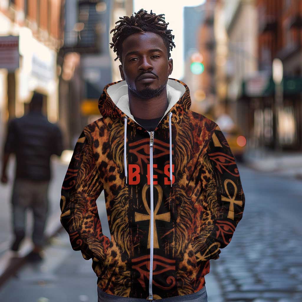 Bes Ancient Egyptian Zip Hoodie with Leopard Print Ankh and Eye of Horus Egyptian Deity Tribute - African Pride