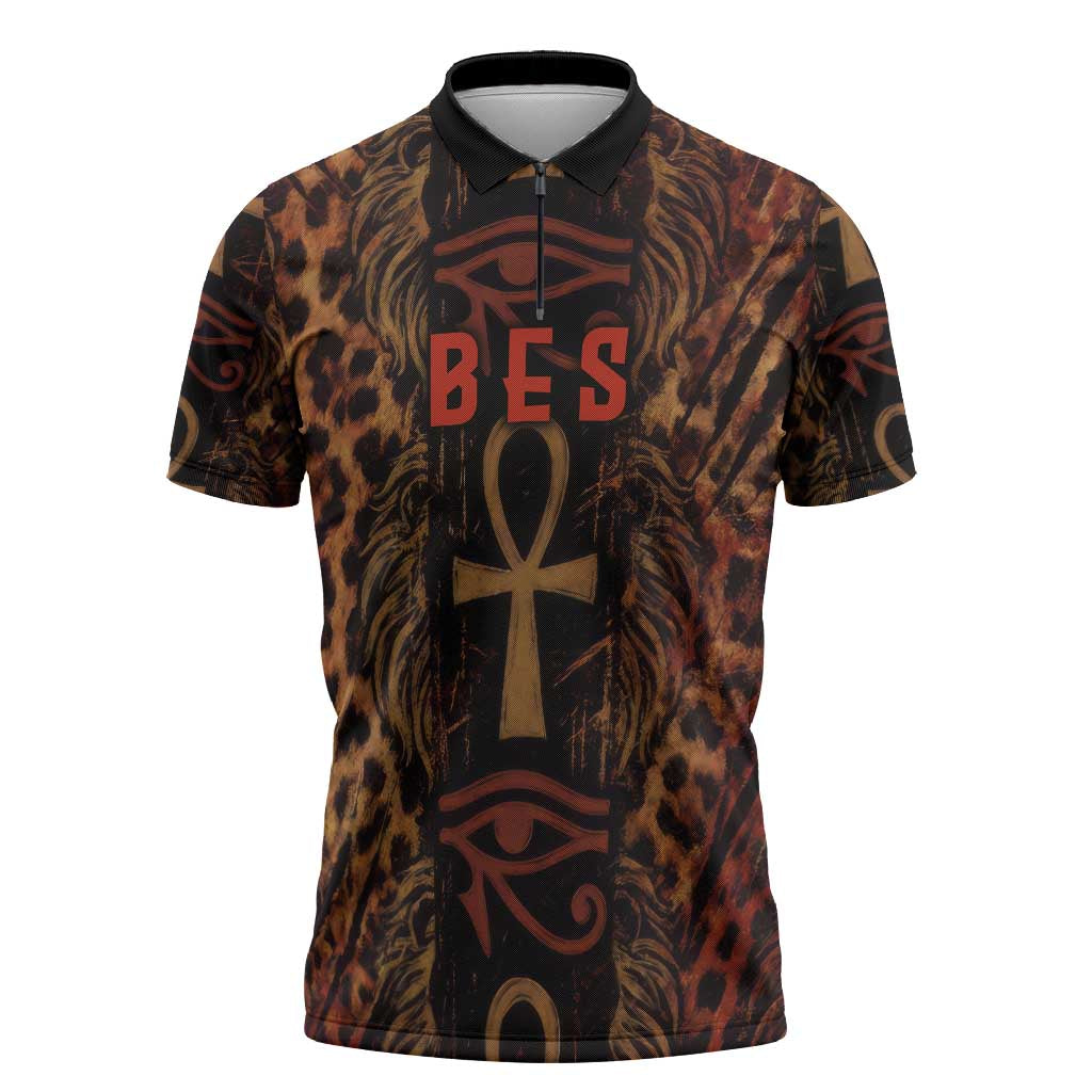 Bes Ancient Egyptian Zipper Polo Shirt with Leopard Print Ankh and Eye of Horus Egyptian Deity Tribute - African Pride