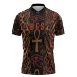 Bes Ancient Egyptian Zipper Polo Shirt with Leopard Print Ankh and Eye of Horus Egyptian Deity Tribute - African Pride