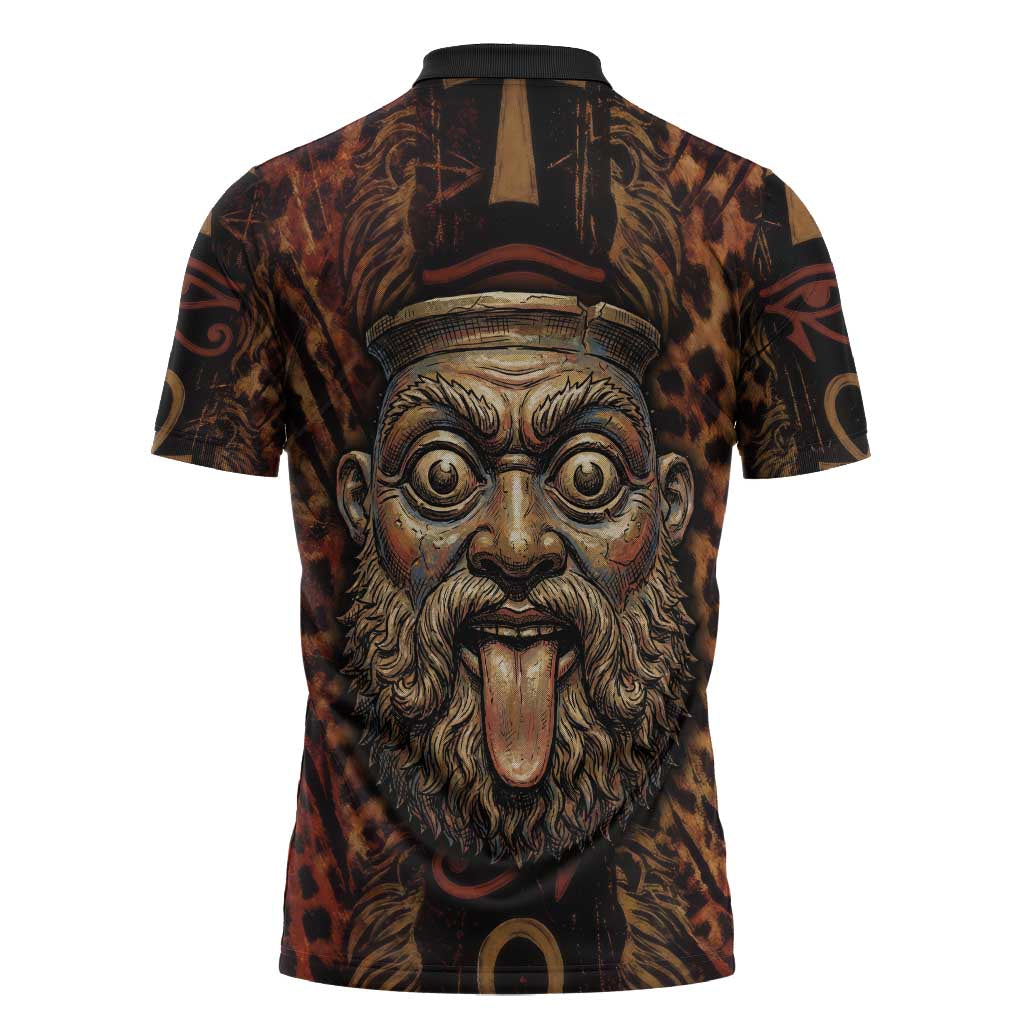 Bes Ancient Egyptian Zipper Polo Shirt with Leopard Print Ankh and Eye of Horus Egyptian Deity Tribute - African Pride