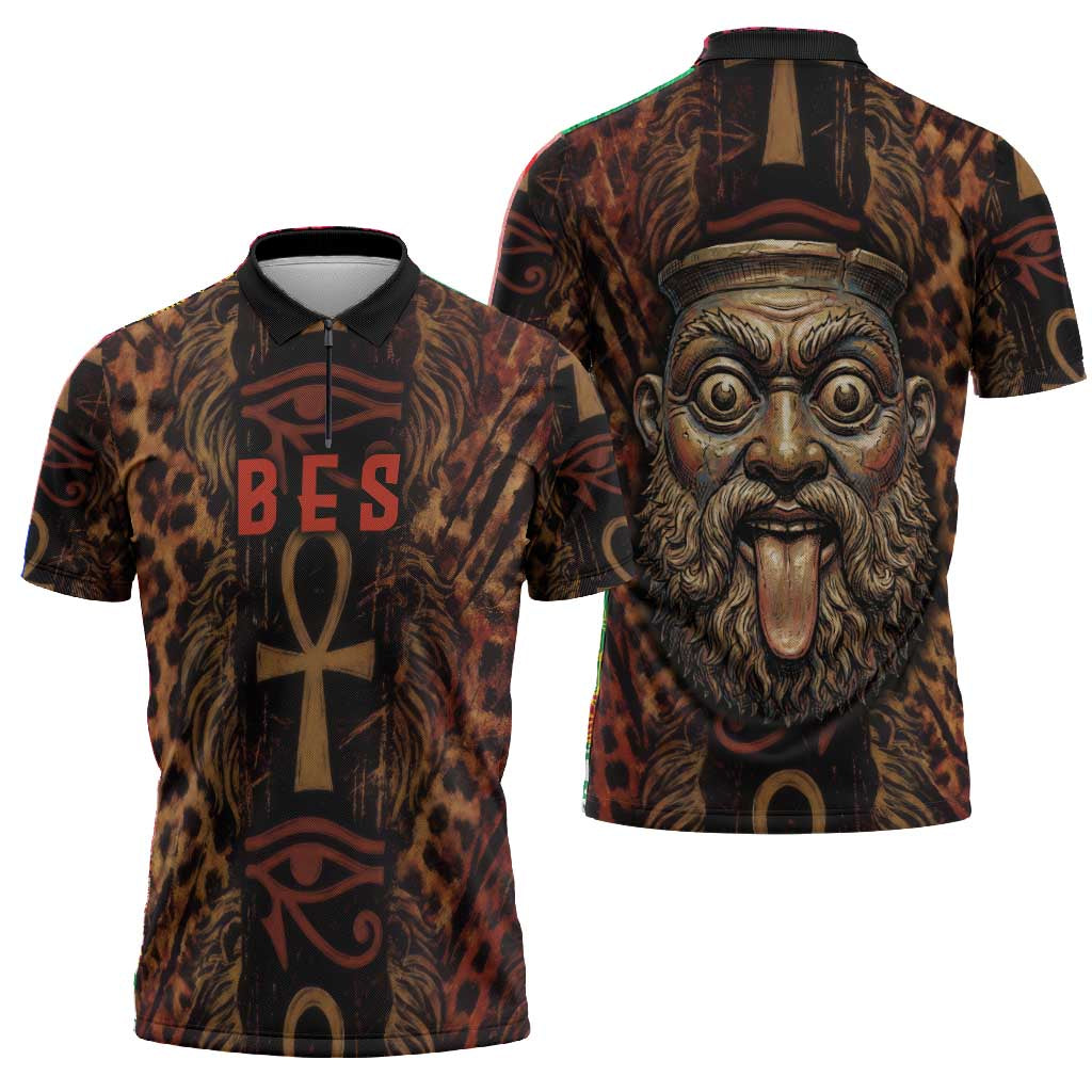 Bes Ancient Egyptian Zipper Polo Shirt with Leopard Print Ankh and Eye of Horus Egyptian Deity Tribute - African Pride