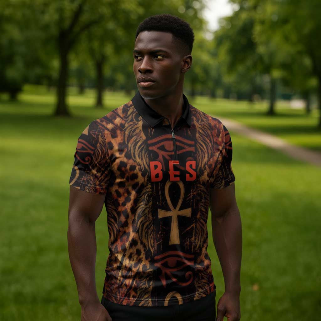 Bes Ancient Egyptian Zipper Polo Shirt with Leopard Print Ankh and Eye of Horus Egyptian Deity Tribute - African Pride