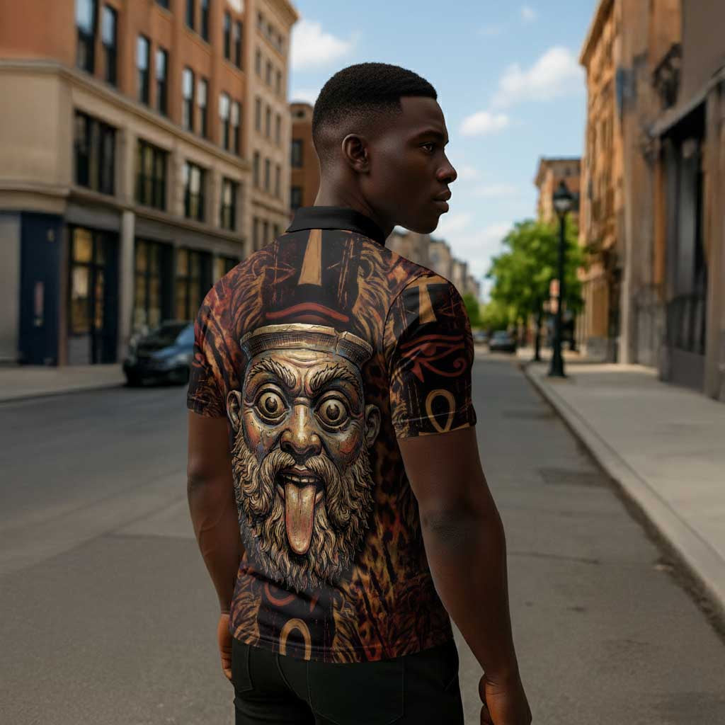 Bes Ancient Egyptian Zipper Polo Shirt with Leopard Print Ankh and Eye of Horus Egyptian Deity Tribute - African Pride