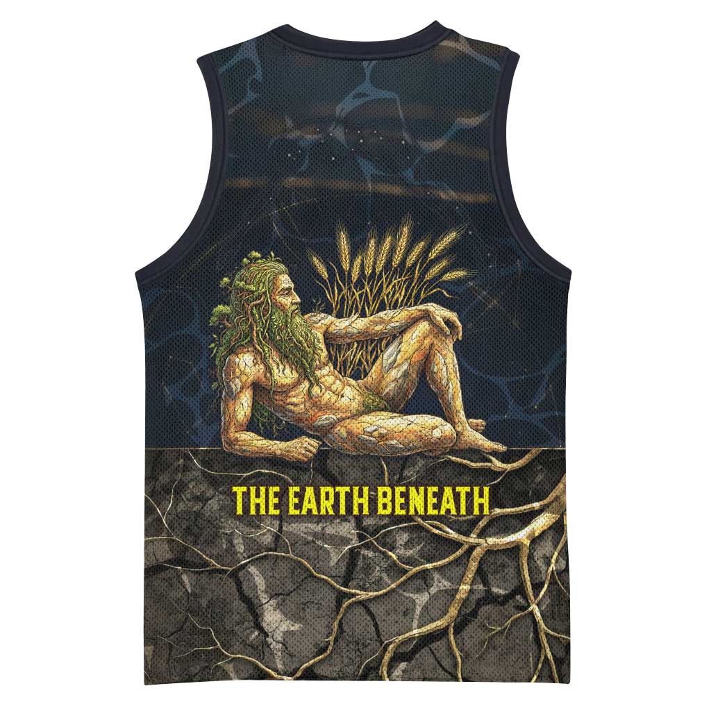 Geb Basketball Jersey Ancient Egyptian Cracked Earth and Wheat Illustration Egyptian Earth God - African Pride