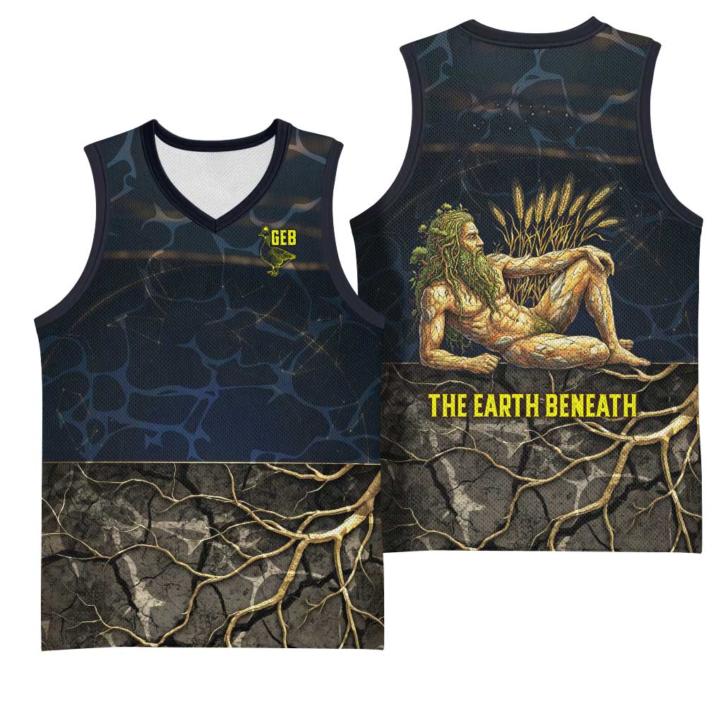 Geb Basketball Jersey Ancient Egyptian Cracked Earth and Wheat Illustration Egyptian Earth God - African Pride