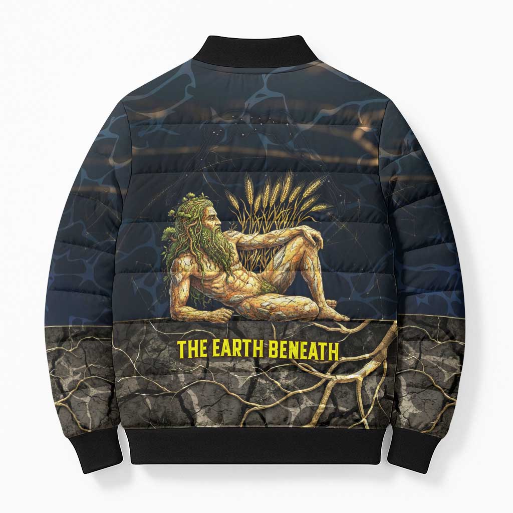 Geb Bomber Puffer Jacket Ancient Egyptian Cracked Earth and Wheat Illustration Egyptian Earth God - African Pride
