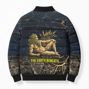 Geb Bomber Puffer Jacket Ancient Egyptian Cracked Earth and Wheat Illustration Egyptian Earth God - African Pride