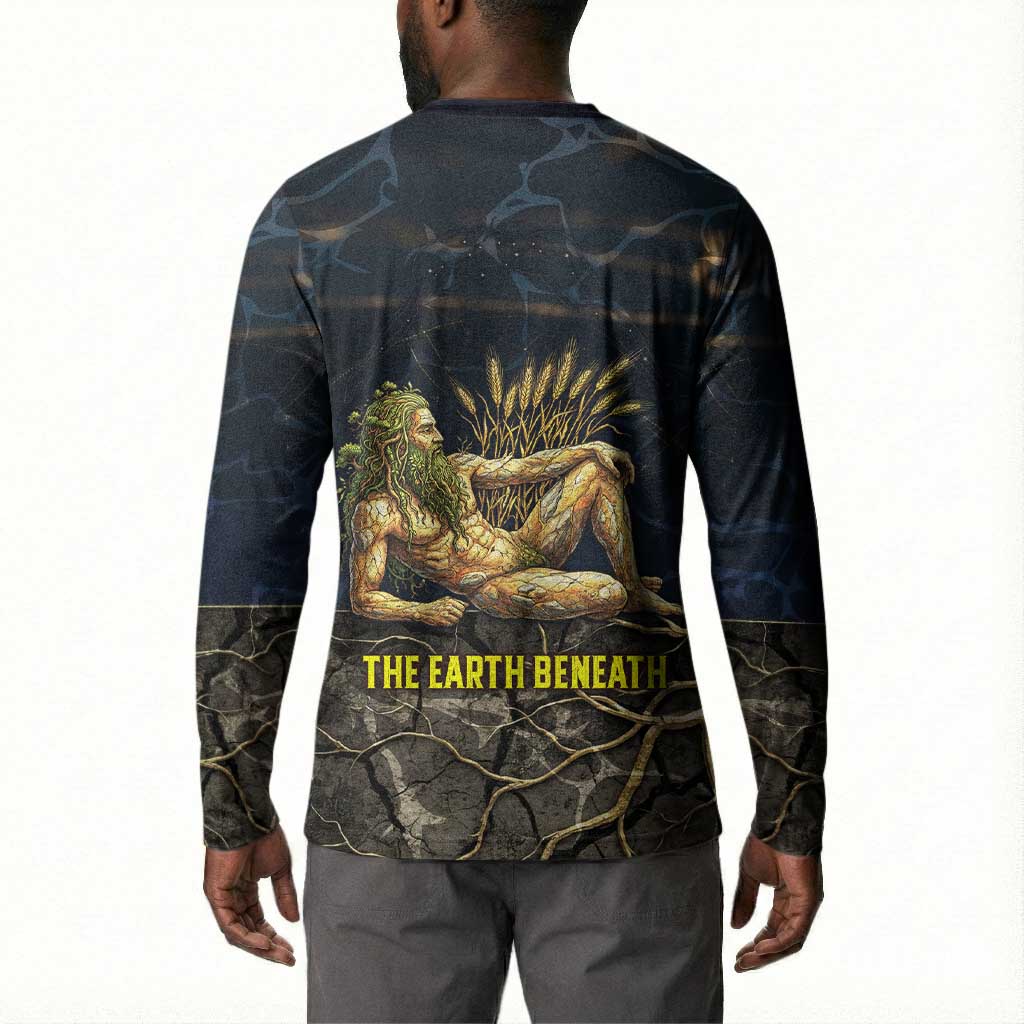 Geb Button Sweatshirt Ancient Egyptian Cracked Earth and Wheat Illustration Egyptian Earth God
